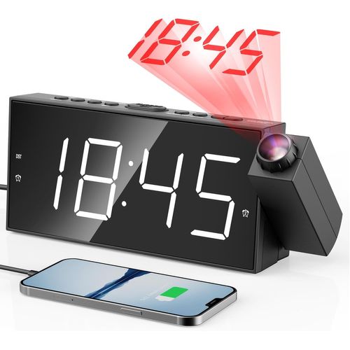 SEPT-Réveil à Projection Plafond Heure, Horloge Enfant et Murale, 7"" Grand Écran LED Reveil Projecteur 180°, Luminosité Réglable à 5 Niveaux, Double Alarme, Snooze, Charge USB, 12/24H