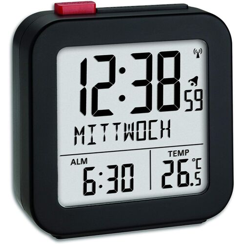 60.2558.01 Réveil Radio-piloté pour contrôle du Climat ambiant, Alarme avec Snooze, Jour de la Semaine (10 Langues), Noir, L 72 x l 27 x H 77 mm