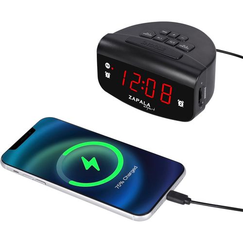 ZAPALA expert Réveil pour chambre à coucher, 2 alarmes à écran LED lumineux, horloge numérique simple de base avec port de charge USB, volume réglable, intensité variable, répétition pour les dormeurs