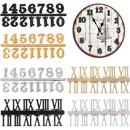 TZF-Chiffres d'Horloge Comprenant Numéro Arabe et Numéro Romain en Noir Argent Doré pour Accessoires d'Horloge de Réparation de Remplacement (Lot de 6)