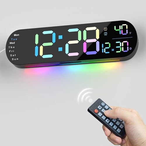 hansang Grande horloge murale numérique avec télécommande de 35,6 cm, luminosité automatique, lumière ambiante 9 RVB, double réveil et minuterie, mode 12/24h, température pour chambre à coucher,