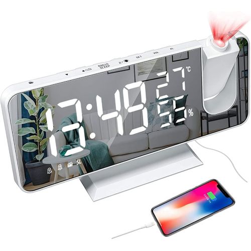 Reveil Projecteur Plafond, Radio Reveil Horloge Numérique Avec Température Et De L'Humidité Led Écran Miroir , Chargeur Usb Port 180° Projection Double Alarme Snooze Loud Pour Chambre, Bureau (Blanc)