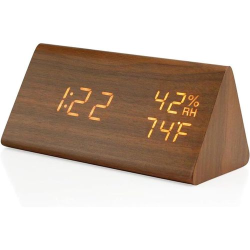 Réveil numérique, horloge de chevet LED avec grand affichage à chiffres, 3 réglages d'alarme, détection d'humidité et de température, horloges électriques en bois pour chambre à coucher, chevet