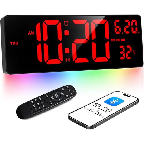 XREXS Grande Horloge Murale Numérique de 16,5"" - Calibrage Automatique de L'heure - Écran Numérique Rouge avec Barre Lumineuse Colorée - Horloge/Température/Calendrier/Minuterie/Réveil