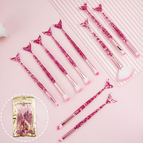 Lot De 10 Pinceaux De Maquillage En Forme De Sirène, Rose Rouge, Avec Paillettes, Fard À Paupières, Sourcils, Anti-Cernes En Fibre Synthétique, Cadeau Pour Filles Et Femmes 