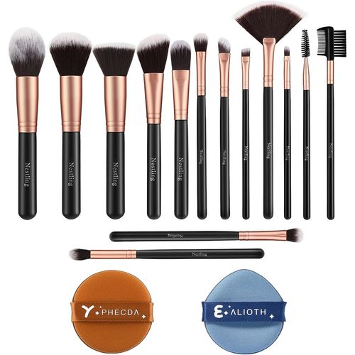 Nestling Lot De 14 Pinceaux De Maquillage Kabuki Synthétiques De Qualité Supérieure Pour Fond De Teint, Poudre, Blush, Fard À Paupières, Sans Cruauté Envers Les Animaux - Rose Doré 