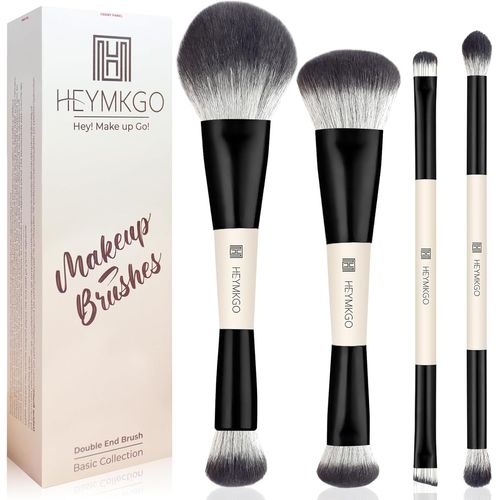 Heymkgo Kit 4 Pinceaux De Maquillage Professionnels Double Extrémité - Pinceaux Fond De Teint/Contour/Correcteur Pour Texture Liquide/Crème/Poudre Set Noir 