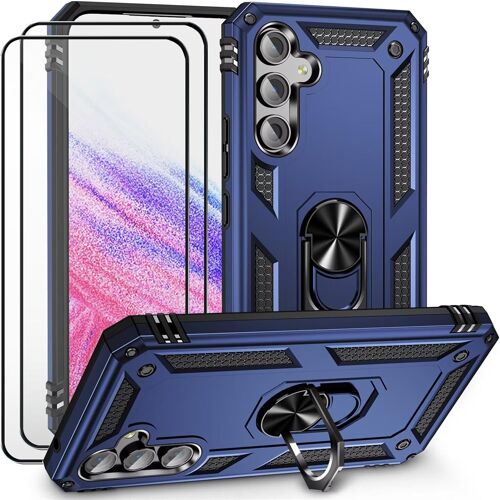 KAL-Coque Pour Samsung Galaxy S25 Ultra 5G Bleu Étui Protection Avec 2 Verre Trempé Support Armure Robuste Antichoc Silicone Tpu 360 Degré Cas De Téléphone De Voiture Bumper