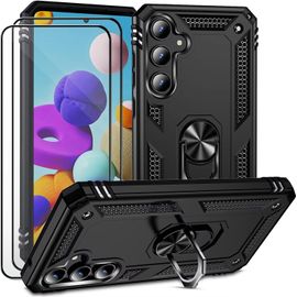 TRAHOO-Coque pour Samsung Galaxy A34 5G/A55 5G Noir étui Protection avec 2 Verre Trempé Support Armure Robuste Antichoc Silicone TPU 360 degré Cas de téléphone de Voiture Bumper