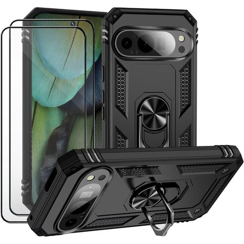 Cauc-Coque Pour Google Pixel 9/Google Pixel 9 Pro Noir Étui Protection Avec 2 Verre Trempé Support Armure Robuste Antichoc Silicone Tpu 360 Degré Cas De Téléphone De Voiture Bumper