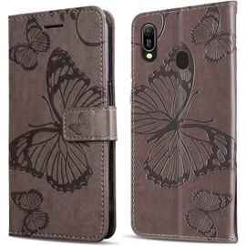 KAL-Coque Pour Huawei Y6 2019 / Honor 8A, Papillon Imprimé Housse En Cuir Pu Magnétique Portefeuille, Étui À Rabat Pour Huawei Y6 2019 / Honor 8A, Gris
