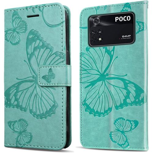 Kal-Coque Pour Xiaomi Poco M4 Pro 4g, Papillon Imprimé Housse En Cuir Pu Magnétique Portefeuille, Étui À Rabat Pour Xiaomi Poco M4 Pro 4g, Vert