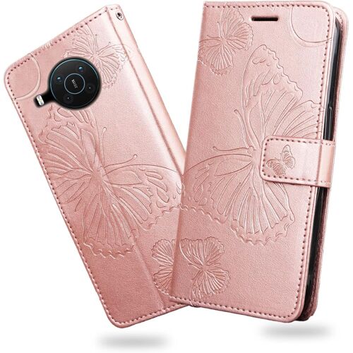 KAL-Coque Pour Nokia X20 / Nokia X10, Papillon Imprimé Housse En Cuir Pu Magnétique Portefeuille, Étui À Rabat Pour Nokia X20 / Nokia X10, Or Rose