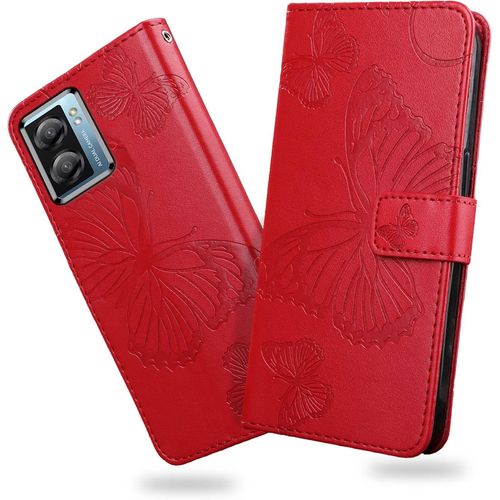 Kal-Coque Pour Oppo A57s 4g/ Oppo A77 5g / Oppo A57 4g, Papillon Imprimé Housse En Cuir Pu Magnétique Portefeuille, Étui À Rabat Pour Oppo A57s 4g/ Oppo A77 5g / Oppo A57 4g, Rouge