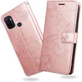 Kal-Coque Pour Oppo A32 / Oppo A53 2020 / Oppo A53s / Oppo A33 2020, Papillon Imprimé Housse En Cuir Pu Magnétique Portefeuille, Étui À Rabat Pour Oppo A32 / Oppo A53 2020 / Oppo A53s, Or Rose