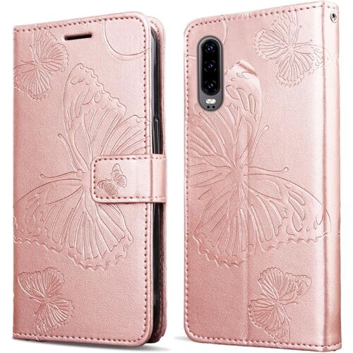 KAL-Coque Pour Huawei P30, Papillon Imprimé Housse En Cuir Pu Magnétique Portefeuille, Étui À Rabat Pour Huawei P30, Or Rose