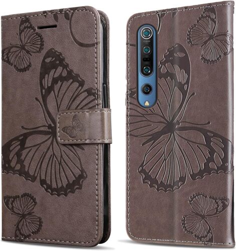 KAL-Coque Pour Xiaomi Mi 10 / Mi 10 Pro, Papillon Imprimé Housse En Cuir Pu Magnétique Portefeuille, Étui À Rabat Pour Xiaomi Mi 10 / Mi 10 Pro, Gris