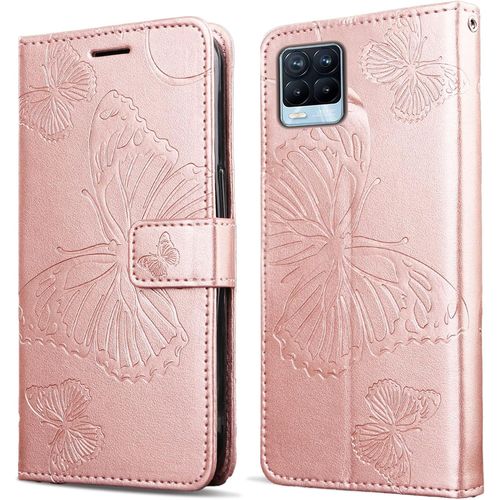 KAL-Coque Pour Oppo Realme 8 4G / Oppo Realme 8 Pro, Papillon Imprimé Housse En Cuir Pu Magnétique Portefeuille, Étui À Rabat Pour Oppo Realme 8 4G / Oppo Realme 8 Pro, Or Rose