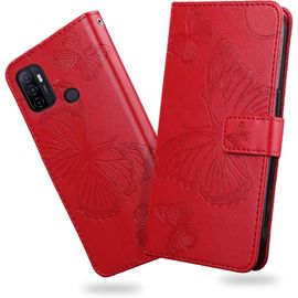 Kal-Coque Pour Oppo A32 / Oppo A53 2020 / Oppo A53s / Oppo A33 2020, Papillon Imprimé Housse En Cuir Pu Magnétique Portefeuille, Étui À Rabat Pour Oppo A32 / Oppo A53 2020 / Oppo A53s, Rouge