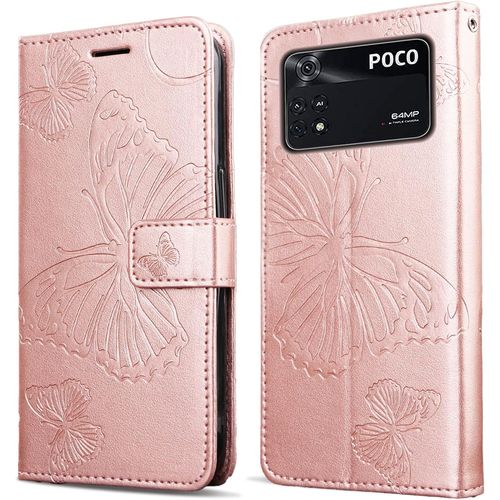 KAL-Coque Pour Xiaomi Poco M4 Pro 4G, Papillon Imprimé Housse En Cuir Pu Magnétique Portefeuille, Étui À Rabat Pour Xiaomi Poco M4 Pro 4G, Or Rose