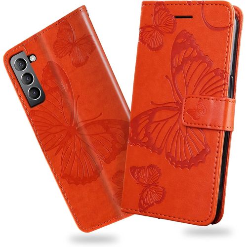 Kal-Coque Pour Galaxy S22, Papillon Imprimé Housse En Cuir Pu Magnétique Portefeuille, Étui À Rabat Pour Samsung Galaxy S22, Orange