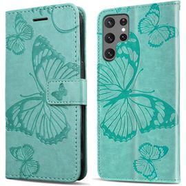 Kal-Coque Pour Galaxy S22 Ultra, Papillon Imprimé Housse En Cuir Pu Magnétique Portefeuille, Étui À Rabat Pour Samsung Galaxy S22 Ultra, Vert