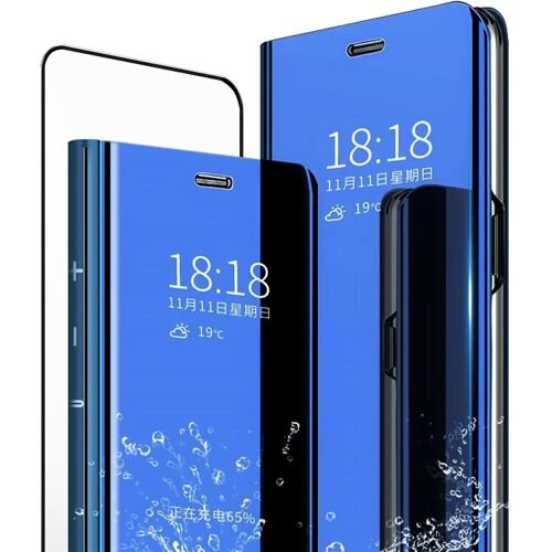 SJZG-Mlotech Coque Pour Samsung Galaxy Note 10 Lite,Étui+ Verre Trempé Film Protecteur Flip Clear View Translucide Miroir Cover Standing 360°Housse Antichoc Smart Cover Bumper Bleu Ciel