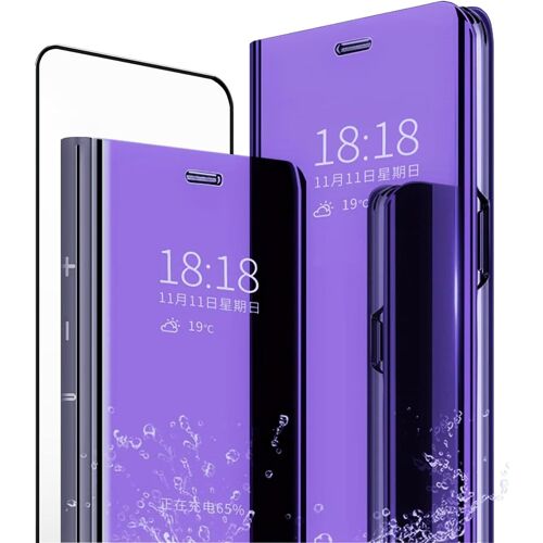 SJZG-Mlotech Coque Pour Samsung Galaxy Note 10 Lite,Étui+ Verre Trempé Film Protecteur Flip Clear View Translucide Miroir Cover Standing 360°Housse Antichoc Smart Cover Bumper Bleu Violet