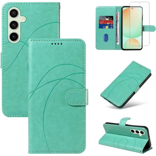 CAUC-Coque pour Samsung Galaxy S24 FE 5G avec 1 Pièce Protection Écran en Verre Trempé, Housse PU Cuir à Rabat Flip, Étui Support et Portefeuille Fonction (Vert)