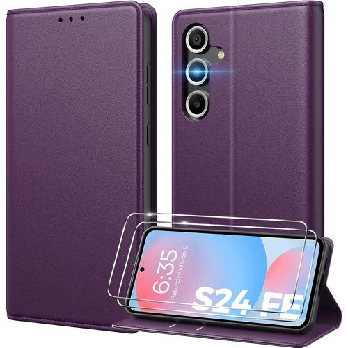 CAUC-Coque pour Samsung Galaxy S24 FE, [ Verre Trempé Protection], [ Blocage du Signal RFID ] [ Premium PU ] [ Pochette de Portefeuille ] Etui à Rabat pour Samsung S24 FE,Violet foncé