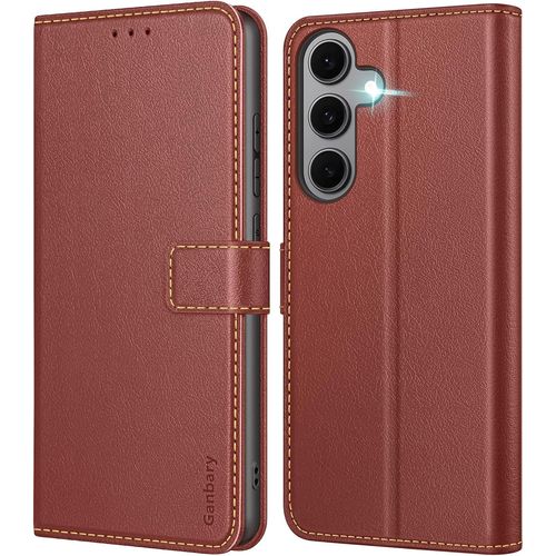 TRAHOO-Coque pour Samsung Galaxy S24 FE, [Housse en Cuir PU Premium] [Etui à Rabat] [Pochette de Portefeuille], Étui de Protection pour Samsung Galaxy S24 FE - Brun