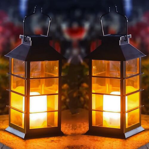 Lanterne Solaire Exterieur Jardin 2 Pièces Lanterne Exterieur Solaire Avec Effet Bougie Vacillante, Ip44 Étanche Lanternes D'extérieur Lampe Solaire Pour Pour Jardin Patio Balcon Camping