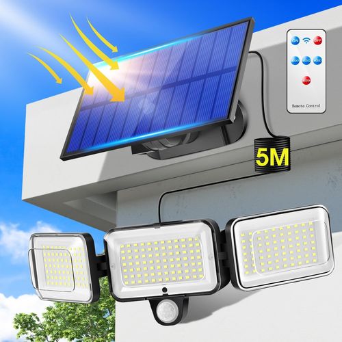 Asfasfq-Lampe Solaire Exterieur Detecteur De Mouvement, 224led+4 Modes+300°Lumiere Solaire Exterieur, 2200mah Spot Led Exterieur,Télécommande Eclairage Exterieur Solaire,Ip65 Projecteur Solaire Exter