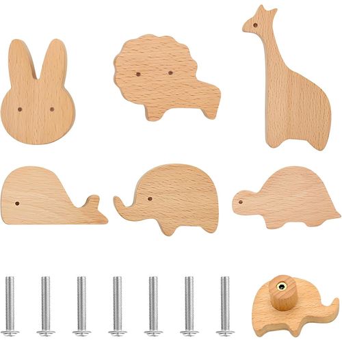 Tianyi-Lot De 6 Boutons D'armoire En Bois Pour Chambre D'enfant - En Forme D'animal - En Forme D'animal - Boutons De Meuble Pour Enfants - Poignées De Tiroir En Bois Avec Motifs D'animaux - Boutons