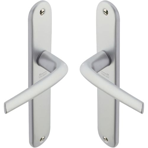 ASFASFq-Set de Poignée de Porte sur Petite Plaque MONDIAL - Version Bec de Cane Porte Cuisine et Salon - Entraxe 165 mm - Système de Pose Facile - Garantie 10 ans - en Aluminium anodisé Argent