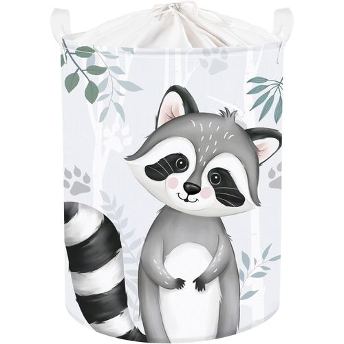 ERSAN-45L Corbeille à Linge Mignon Sourire Raton Laveur Paniers à Linge Sale Enfant Gris Pliables Rond pour Jouets Vêtements, 36x45 cm