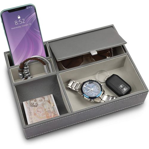 Plateau Vide Poche Entree En Similicuir Gris 5 Compartiments-Plateau Cuir Boîte De Rangement Pour Portefeuilles,Téléphone,Clés,Boutons De Manchettes,Montres Et Bijoux