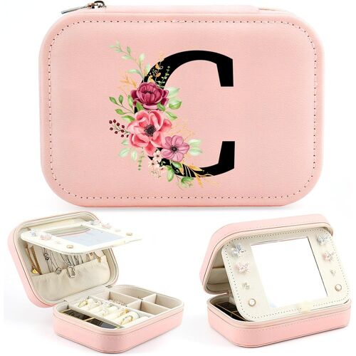 Kalanka-Boîte À Bijoux Avec Initiales C, Petit Boite À Bijoux Portable Boîte À Bijoux De Voyage Avec Miroir, Boite Rangement Avec Lettre, Cadeau Pour Femme Filles Amis, Cadeau De Anniversaire, Mariag