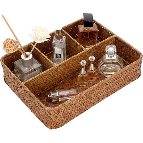 Panier de rangement en osier panier d¿étagère corbeille tressé boîte de rangement avec 4 compartiments organisateur de table pour comptoir,bureau,étagère (caramel)