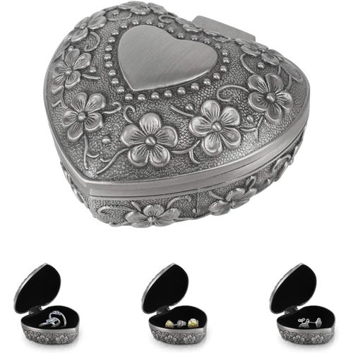 Jexnovashop-Boîte À Bague En Forme De Coeur Boîte À Bijoux En Forme De Coeur Métal Vintage Classique Fleur Gravure Organisateur De Bijoux Pour Collier Bague Boucles D¿Oreilles Boîte De Rangement Cade