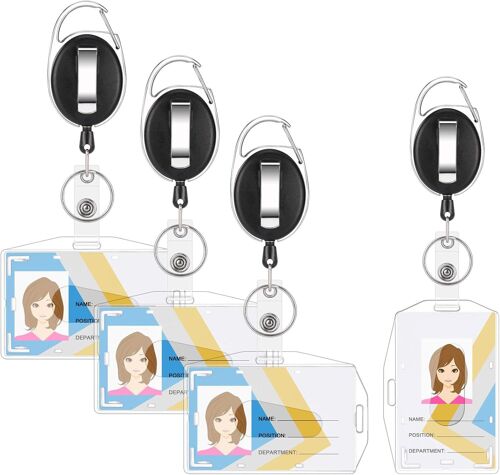 4 x Retractable Badge Reel, Transparent Badge Reel with Retractable Key Rings, Extendible Carabiner Badge Holders, Transparent Card Holder for ID Card, Passes, Key, Bus Card