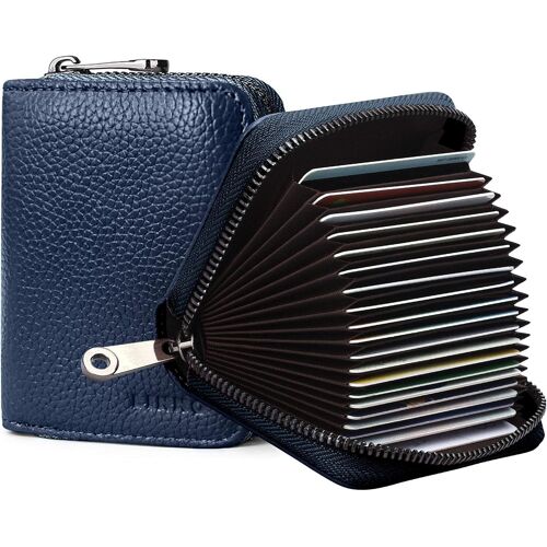 RFID 20 Credit Card Slots Genuine Leather Accordion Card Holder for Men Women with Zipper, Navy blue, Classic
