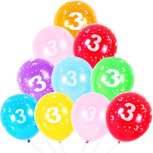 Lot De 10 Ballons Multicolores En Latex Avec Chiffres 3 Ans - 30,5 Cm - 30,5 Cm