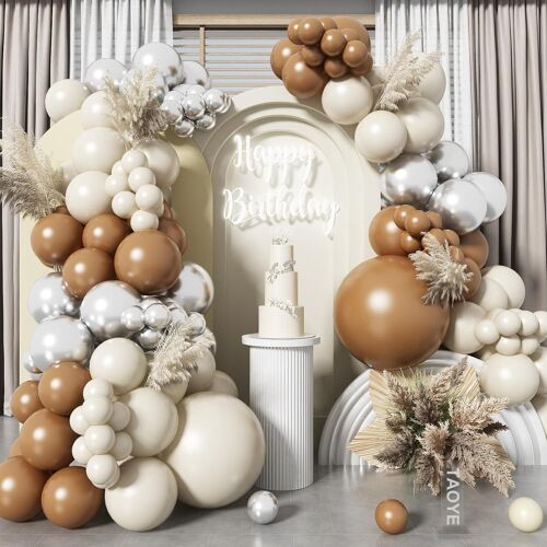 SJZG-Kit D'Arche De Ballons De Sable Blanc, Blanc Sable, Kaki, Marron Neutre Avec Ballons Métalliques Chromés, Argentés, Beiges Pour Décoration De Mariage, Fête Prénatale, Fiançailles, Anniversaire D