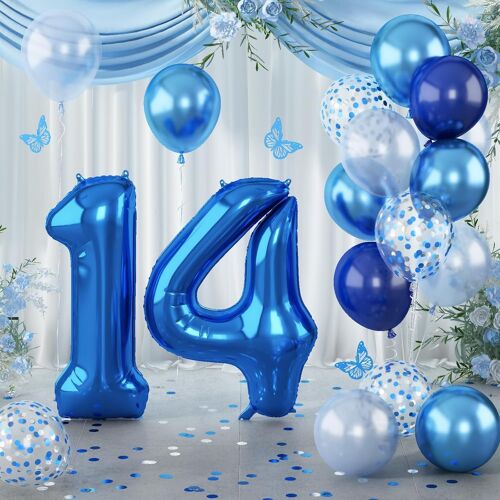 SJZG-Ballon D'Anniversaire En Forme De Chiffre De 14 Ans, Grand Ballon En Aluminium En Forme De Chiffre 14, Pour Fille - Décoration D'Anniversaire Bleu Marine Argenté - Ballon À Confettis Bleu Foncé