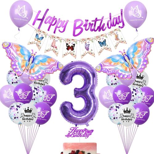 Senior-Décoration Anniversaire Papillon Violet 3 Ans - Ballons Et Accessoires Pour Fille[L694]