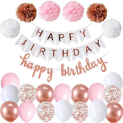 Banderole Happy Birthday Deco Blanco Oro rosa Anniversaire Fille Guirlande Anniversaire Happy Birthday Decoration