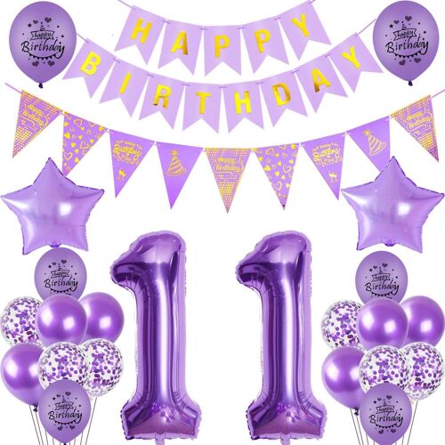11 Year Old Girl Birthday Decoration Set Purple With Balloons, Banners, Confetti - 18 Pieces - Girls - 11 Years