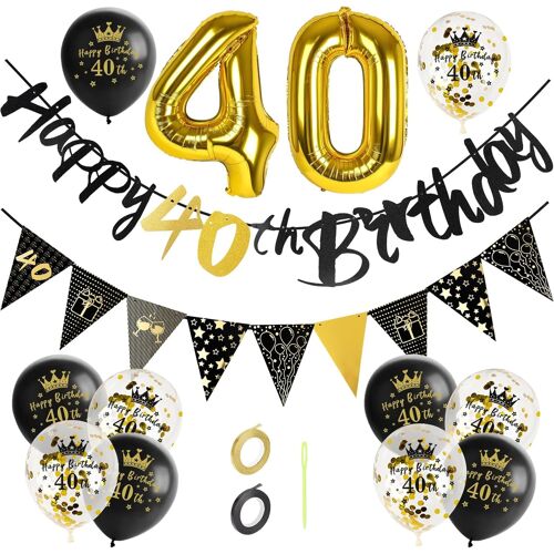 SJZG-Décoration D'Anniversaire 40 Ans Pour Homme Et Femme - Ballons Noir Et Doré, Guirlande 'Happy Birthday', Ballon En Aluminium Chiffre 40