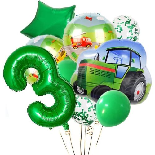 SJZG-Tracteur Décoration D'Anniversaire Garçon - En Forme De Chiffre 3 - Ballon En Aluminium - Décoration D'Anniversaire D'Enfant De 3 Ans - Ballons À L'Hélium - Décoration Verte - Pour Tracteur,